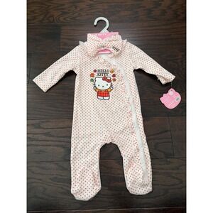 Hello Kitty Baby Girl Orange Polka Dot Footed Sleeper and Headband Set 3M NWT